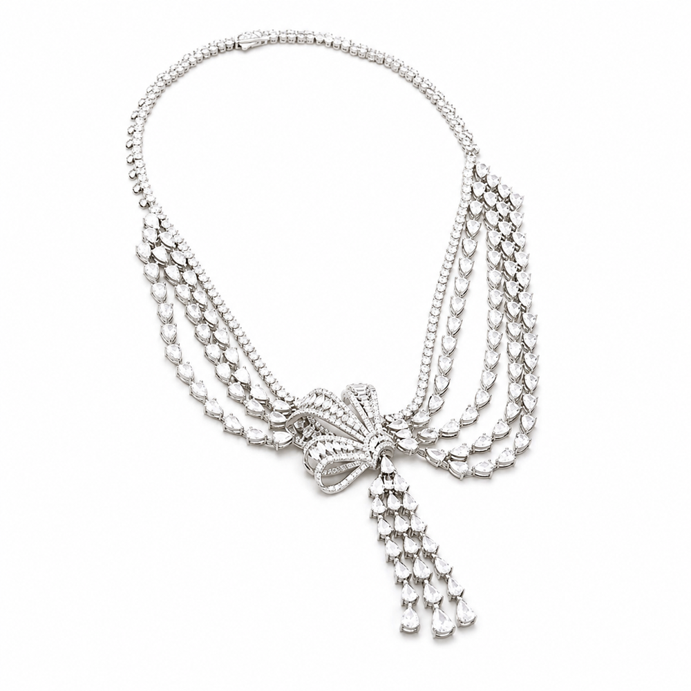 Basiline White Butterfly Bow Layer Tassel Necklace