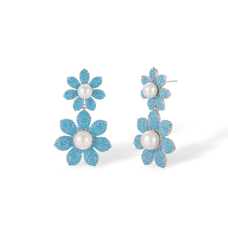 Cendrine Blue Floral Pearl Drop Earrings