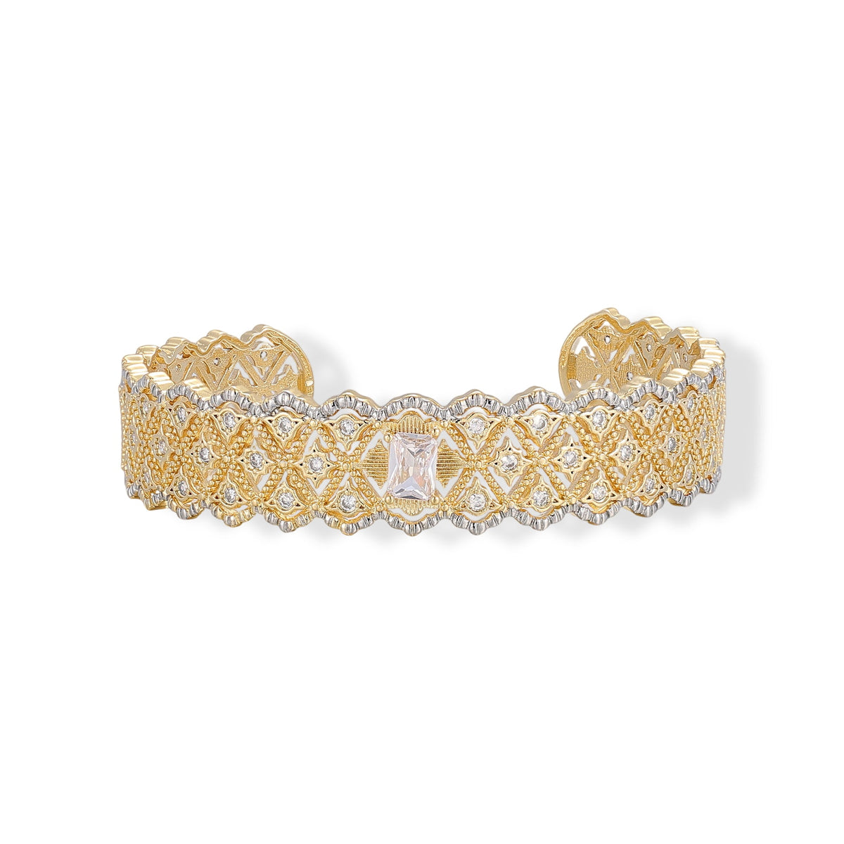 Eralind 14K Gold Filigree Rectangular Open Bangle