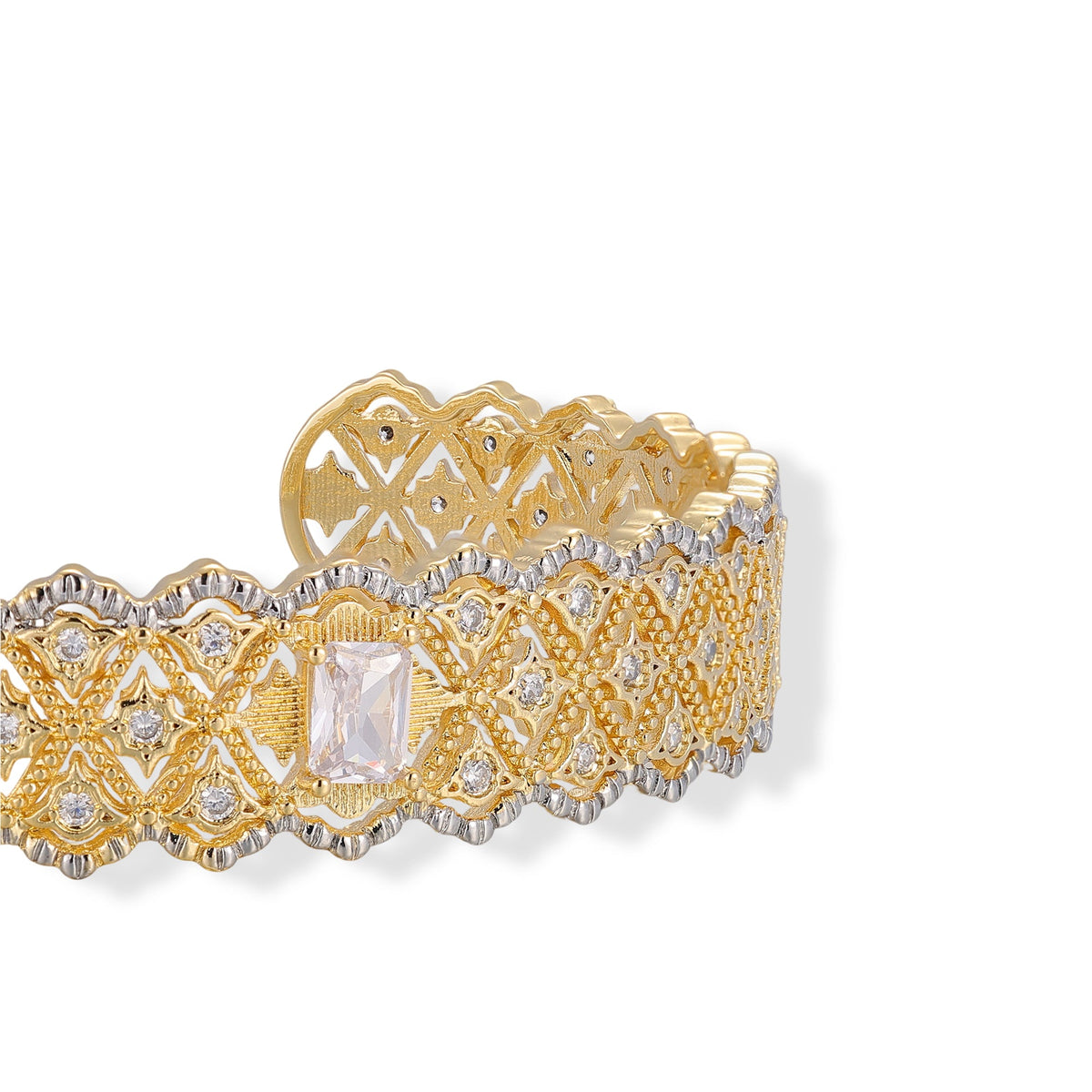Eralind 14K Gold Filigree Rectangular Open Bangle
