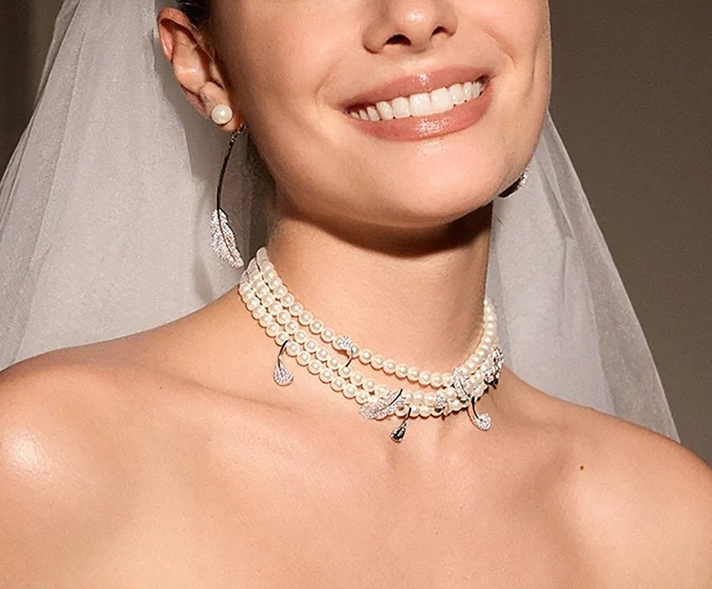 Giswind White Pearl Feather Choker Necklace
