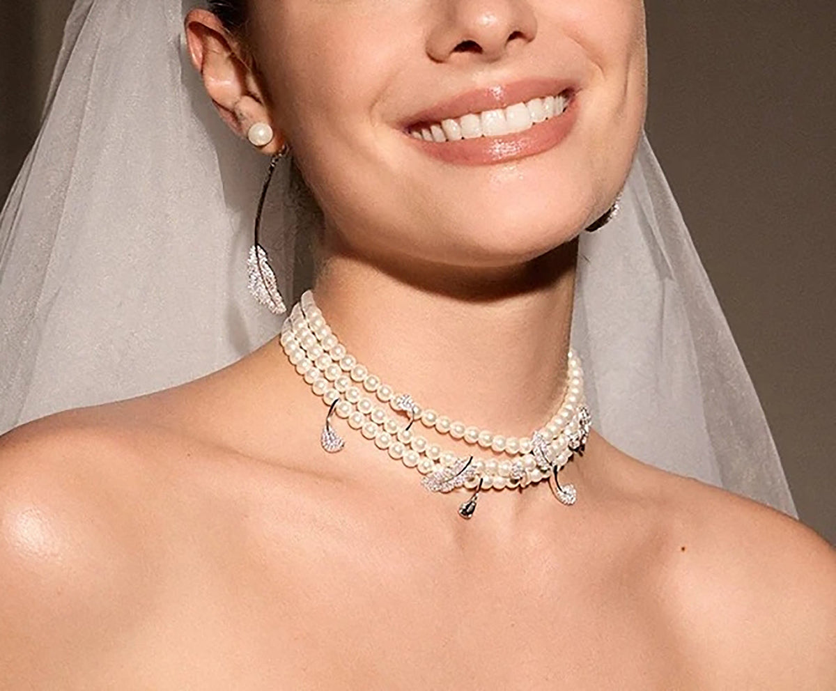 Giswind White Pearl Feather Choker Necklace