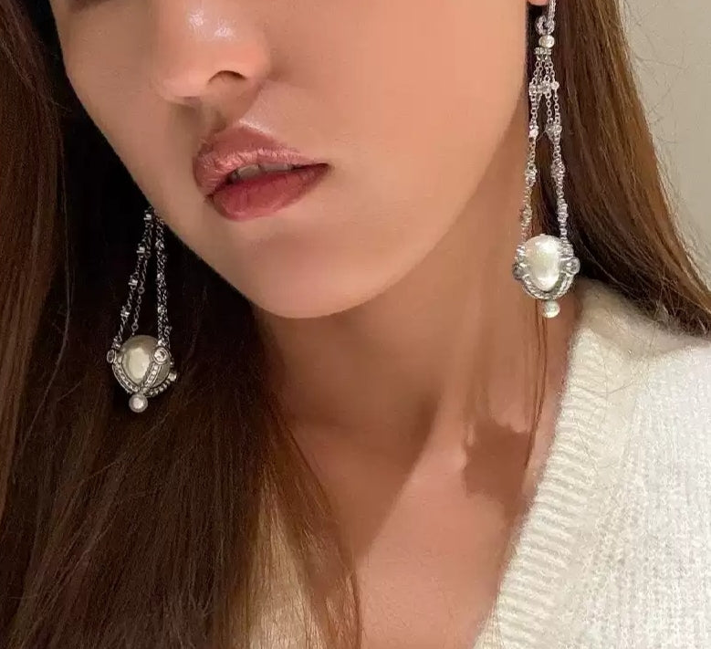 Godrunia White Pearl Cage Drop Earrings