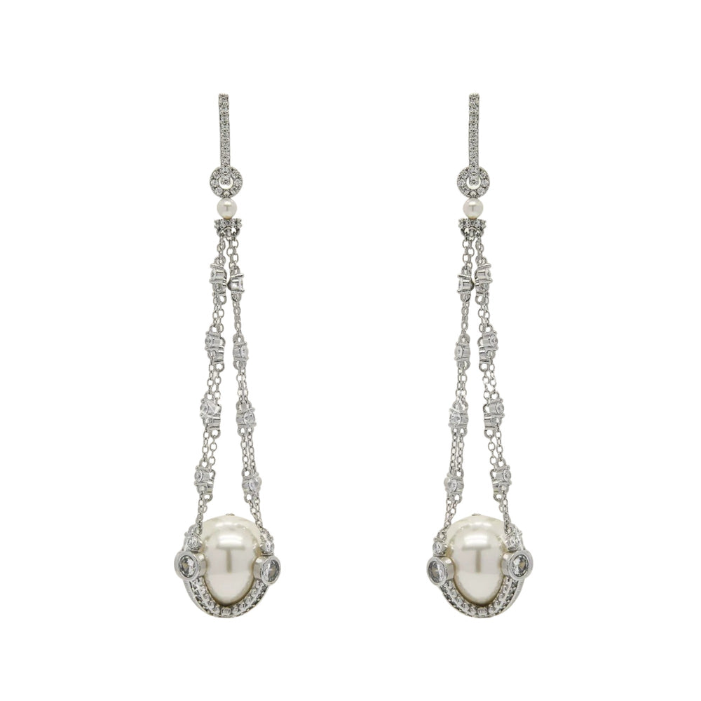 Godrunia White Pearl Cage Drop Earrings