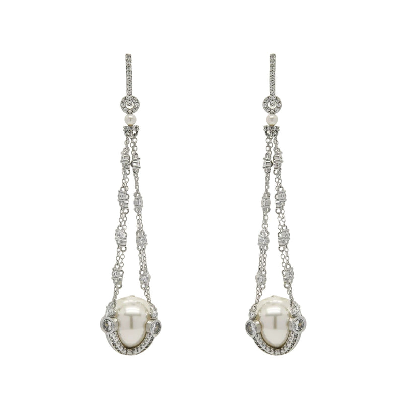 Godrunia White Pearl Cage Drop Earrings