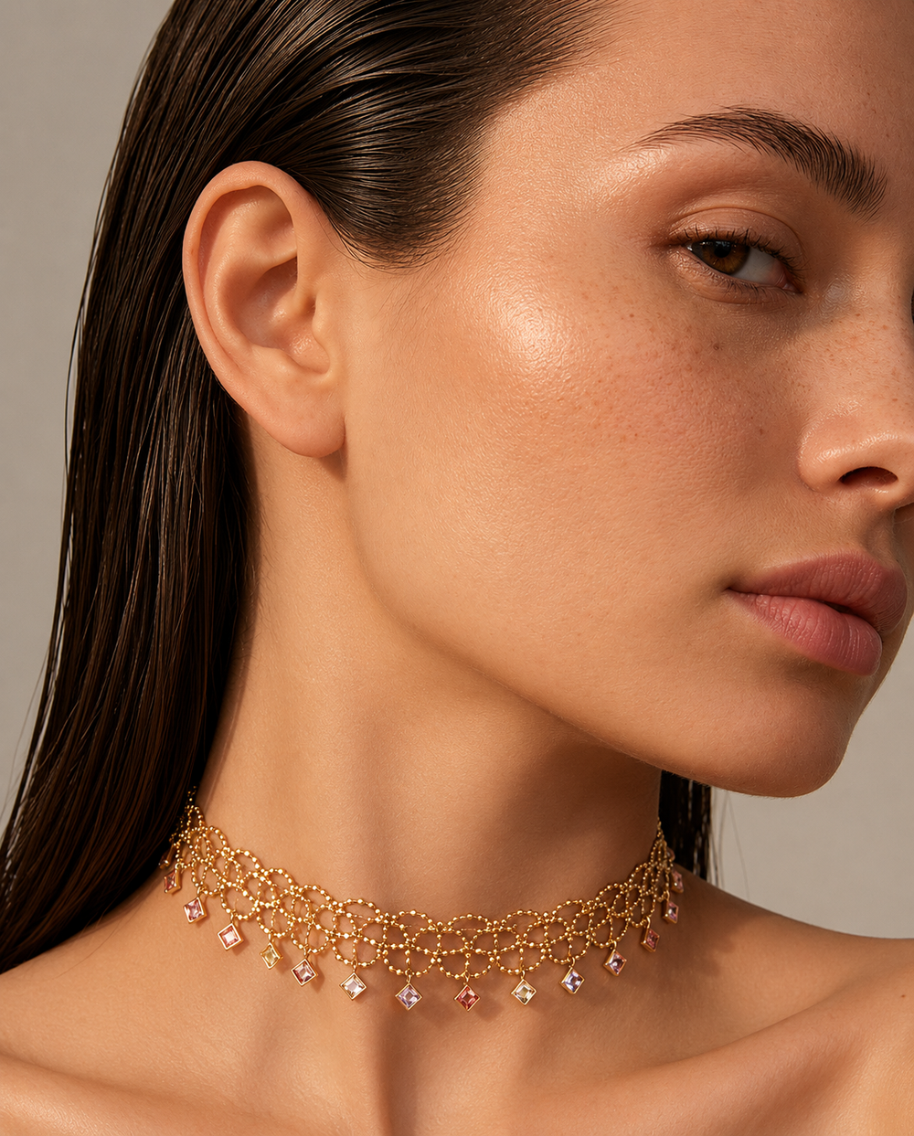 Iolande Multicolor Square Lace Textiles Choker Necklace