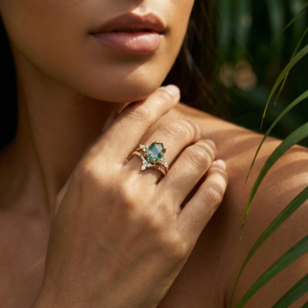 Lucile Green Moss Hexagonal Ring Set