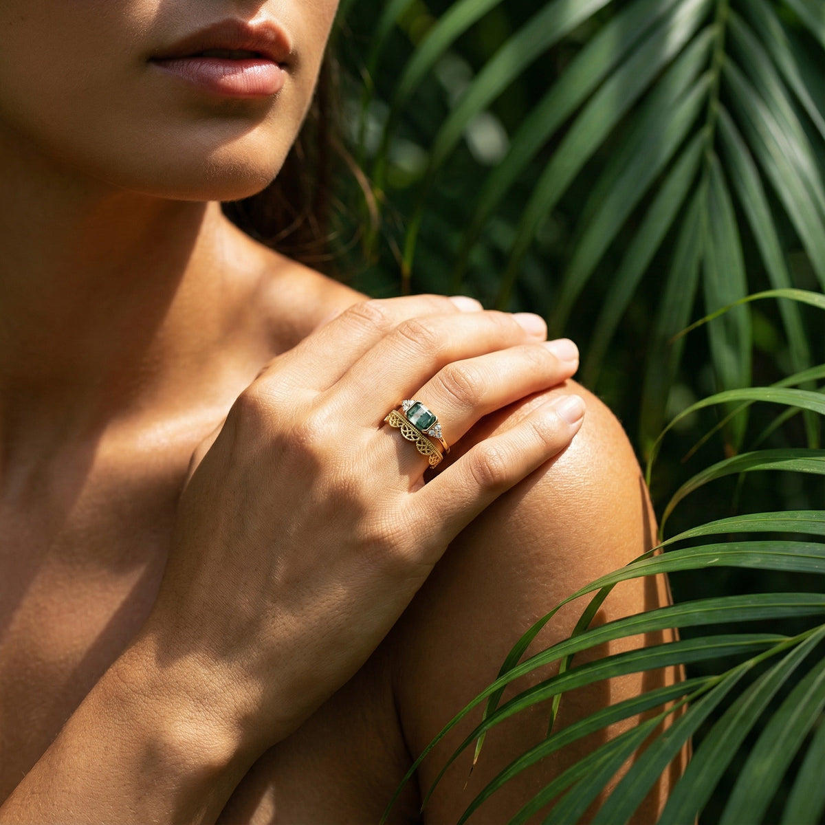 Ninon 14K Gold Moss Rectangular Ring Set