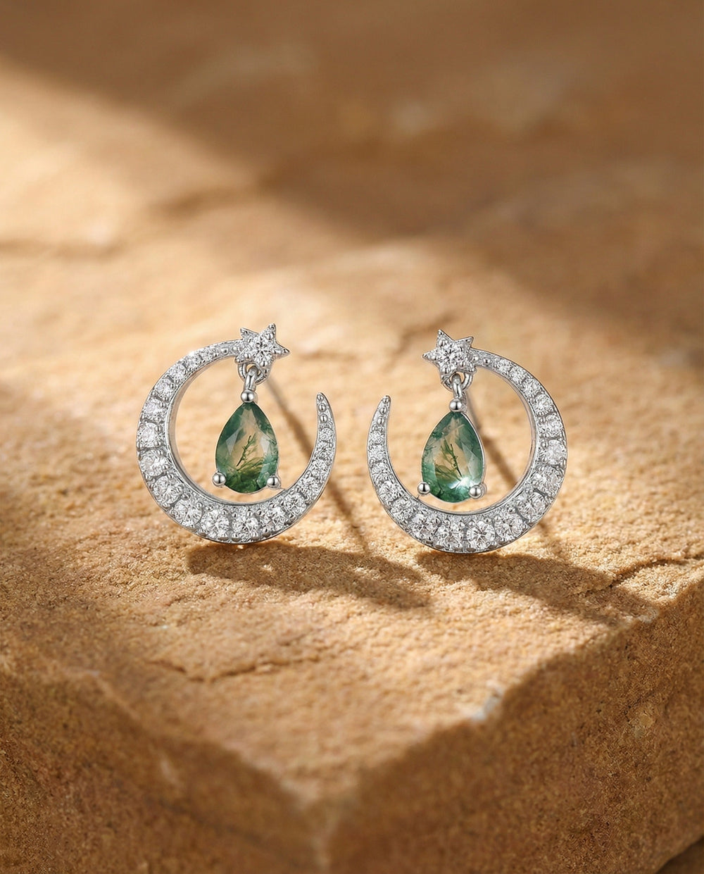 Lothilde Moss Green Moon-Star Earrings