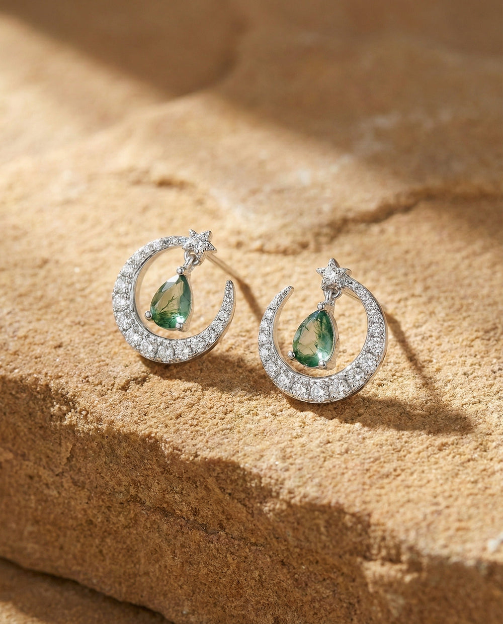 Lothilde Moss Green Moon-Star Earrings