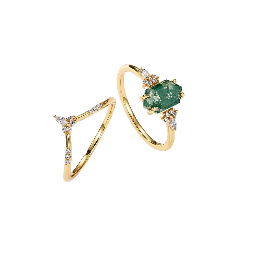 Lucile Green Moss Hexagonal Ring Set