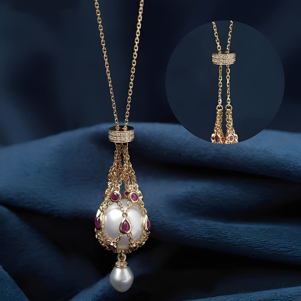 Mathilda Red Accent Pearl Pendant Necklace