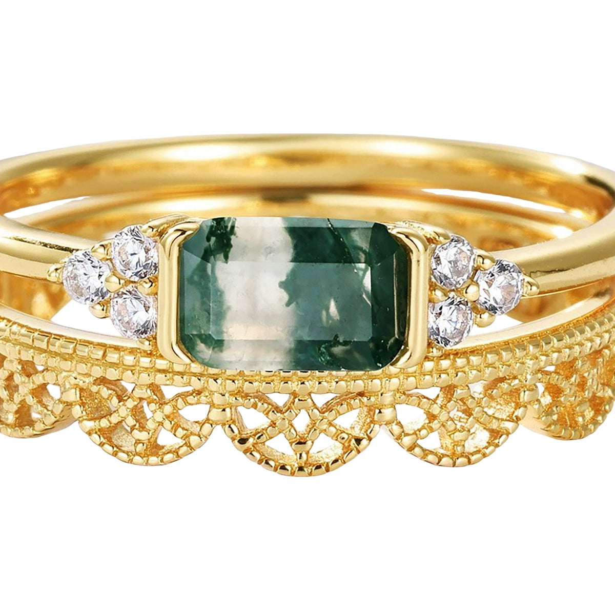 Ninon 14K Gold Moss Rectangular Ring Set