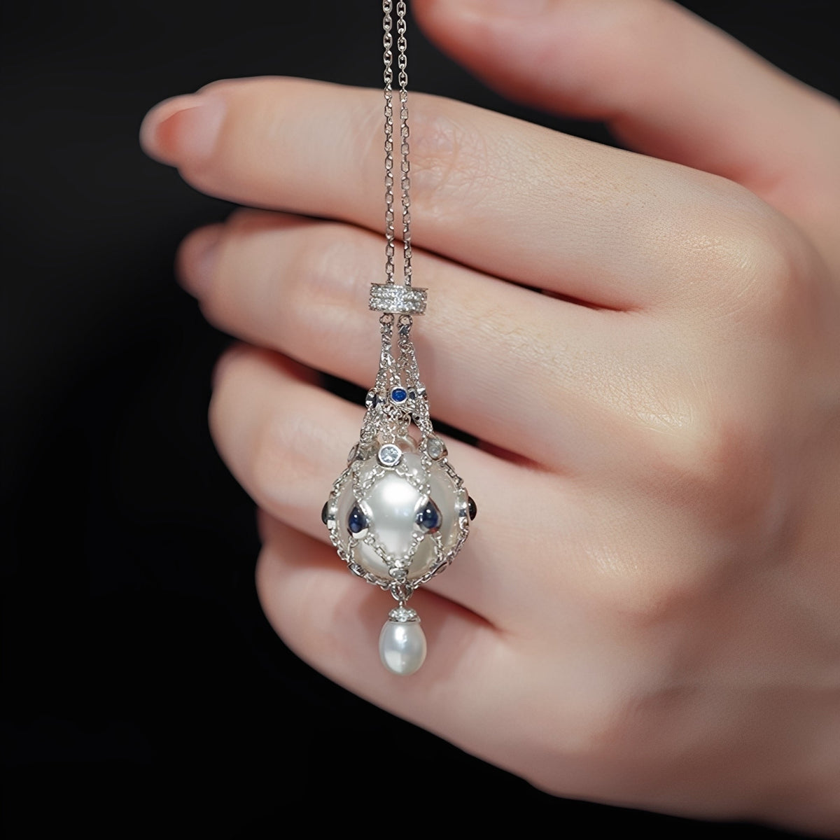 Mathilda Blue Accent Pearl Pendant Necklace