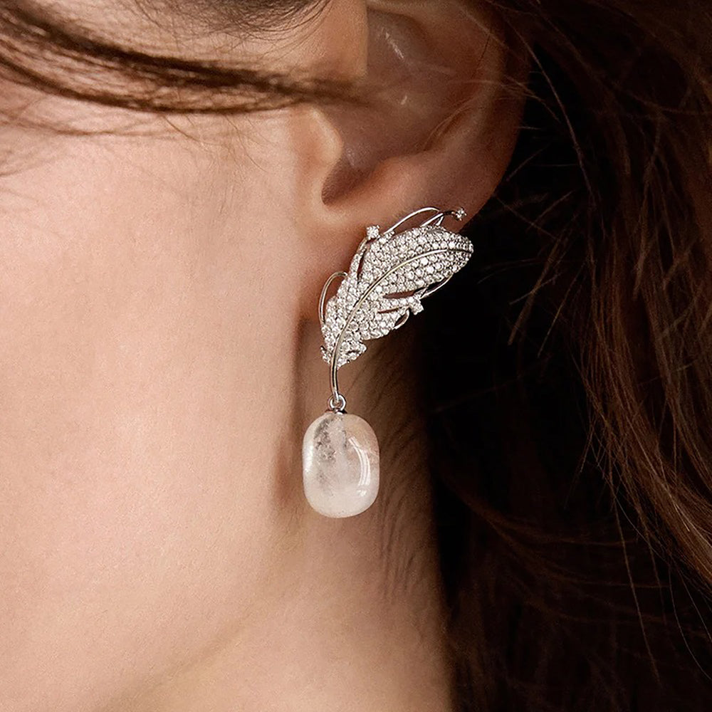 Thérèse White Feather Crystal Earrings