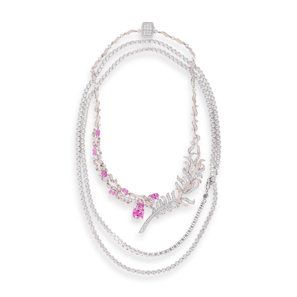 Viviana Pink Plume Tennis Two Layer Necklace