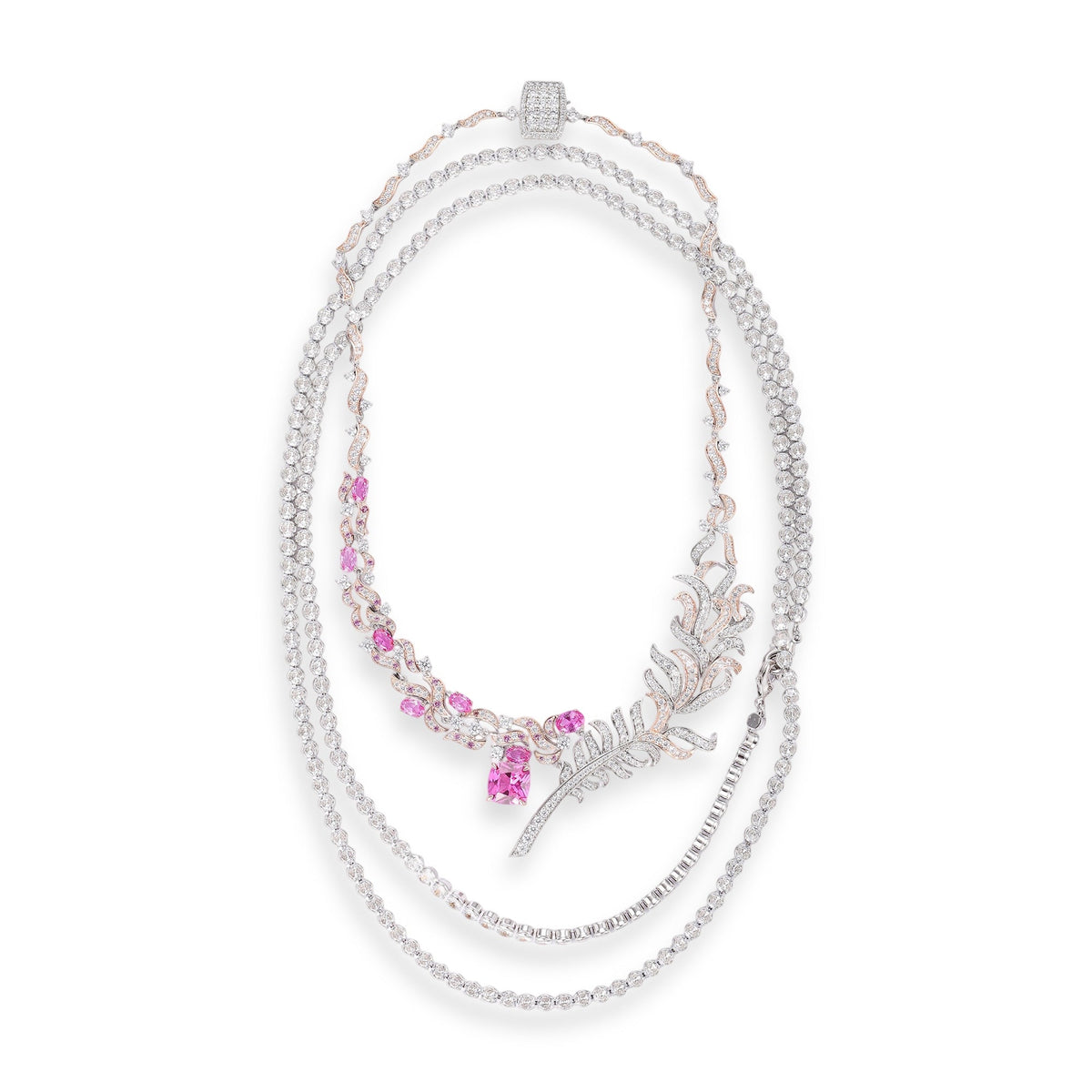 Viviana Pink Plume Tennis Two Layer Necklace