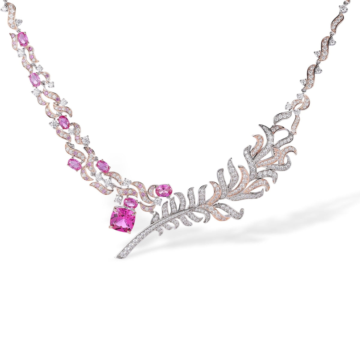 Viviana Pink Plume Tennis Two Layer Necklace