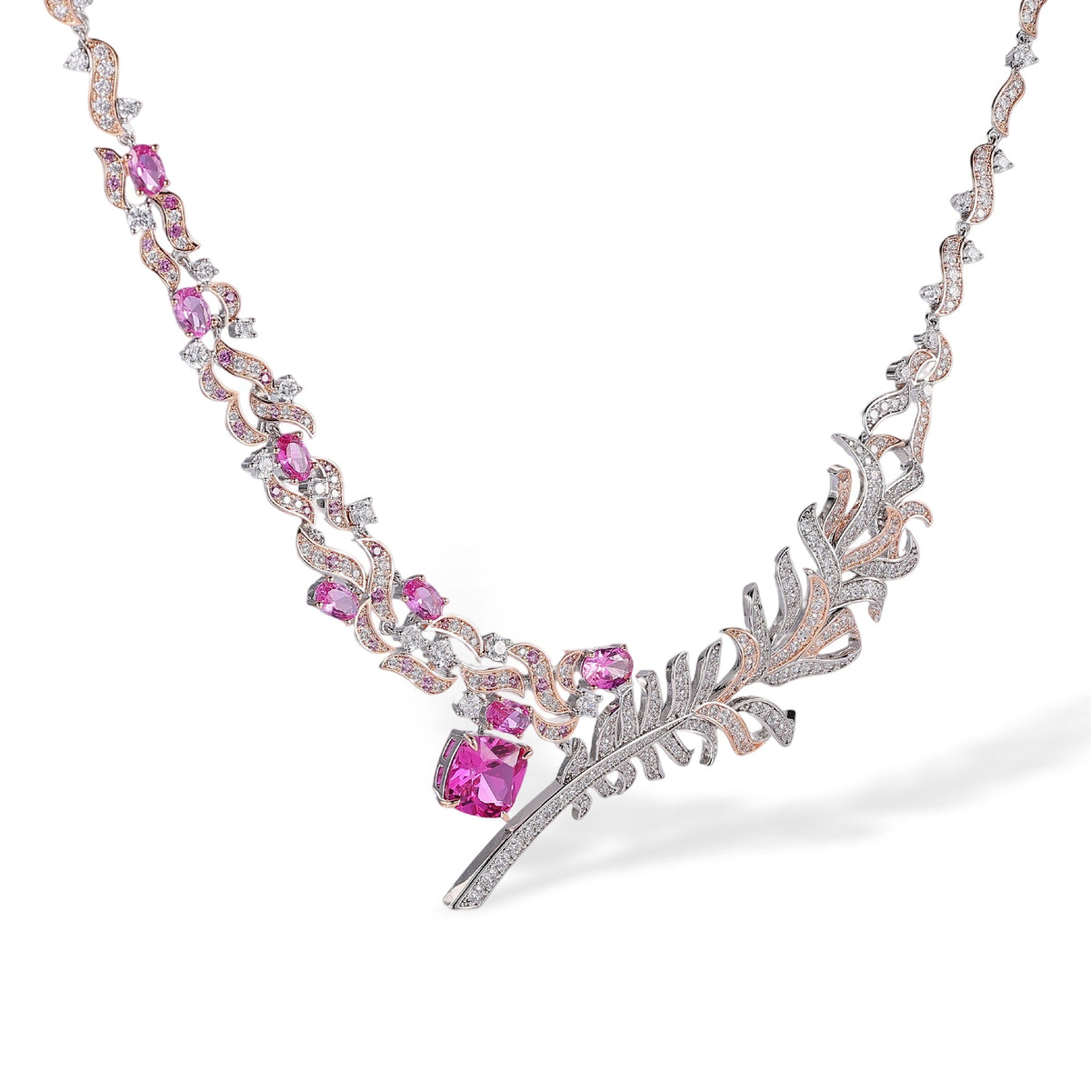Viviana Pink Plume Tennis Two Layer Necklace