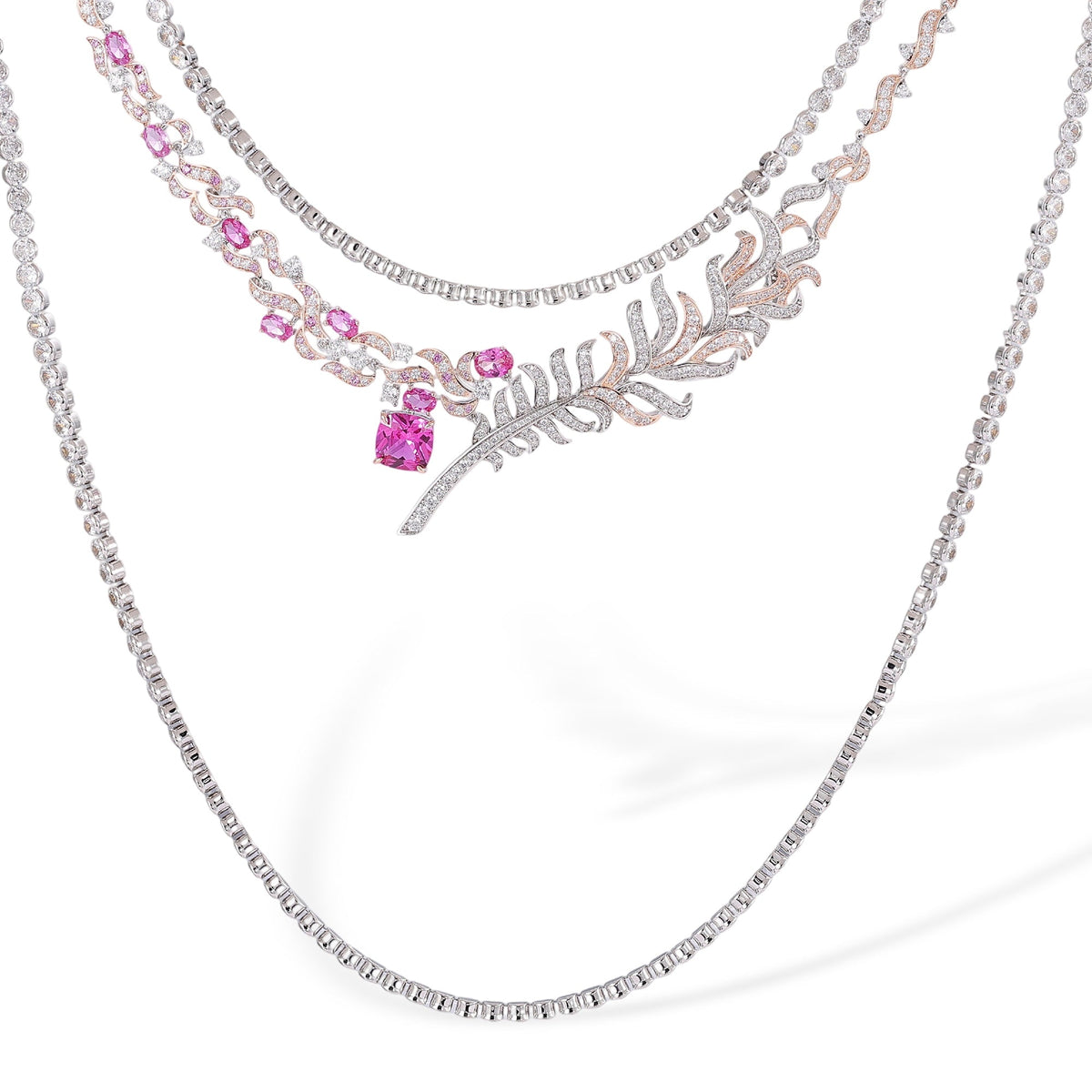 Viviana Pink Plume Tennis Two Layer Necklace