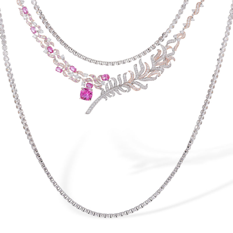 Viviana Pink Plume Tennis Two Layer Necklace