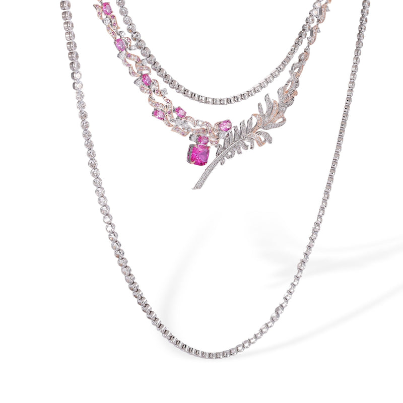 Viviana Pink Plume Tennis Two Layer Necklace